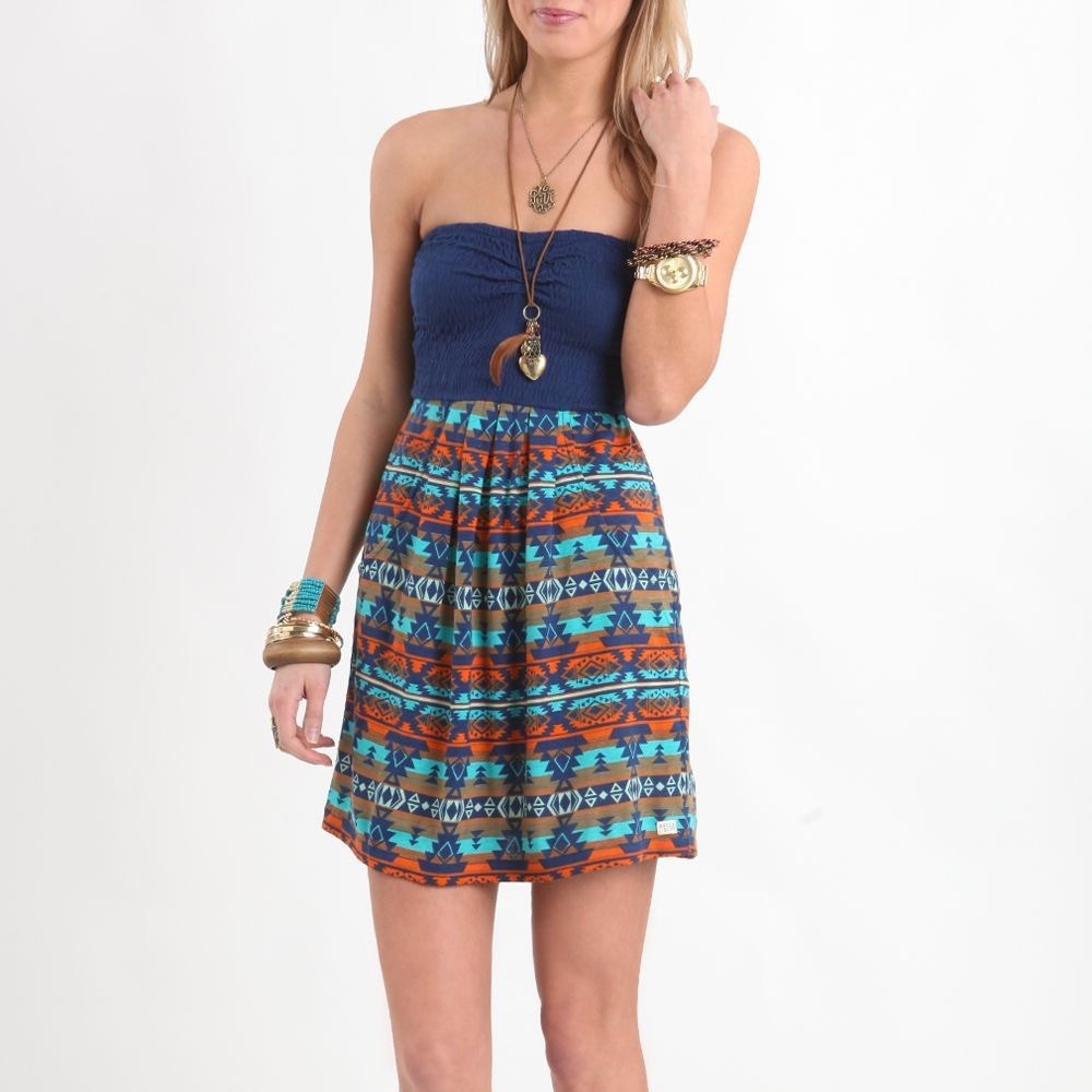 Billabong Strapless Tribal Print Orange/ Blue Dress with Pockets